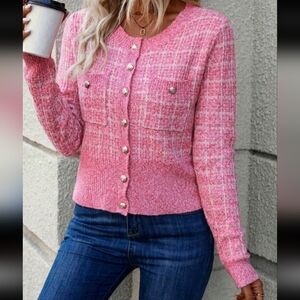 SHEIN Pink Tweed Plaid Button-Up Cardigan